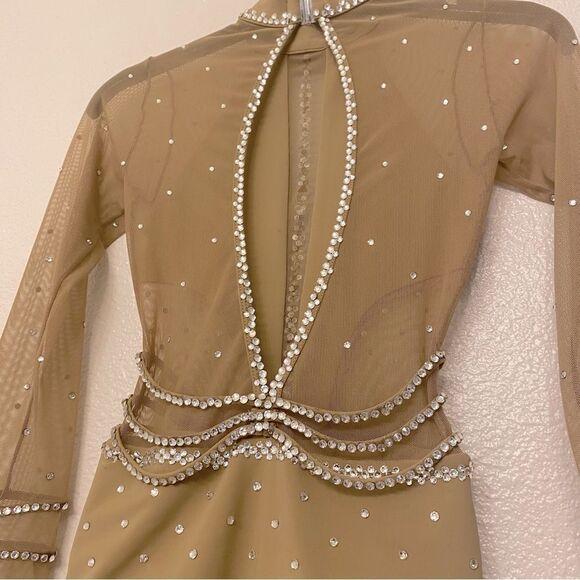 LA dance solo custom tan nude beige long leotard costume mesh rhinestones LC - Picture 5 of 16